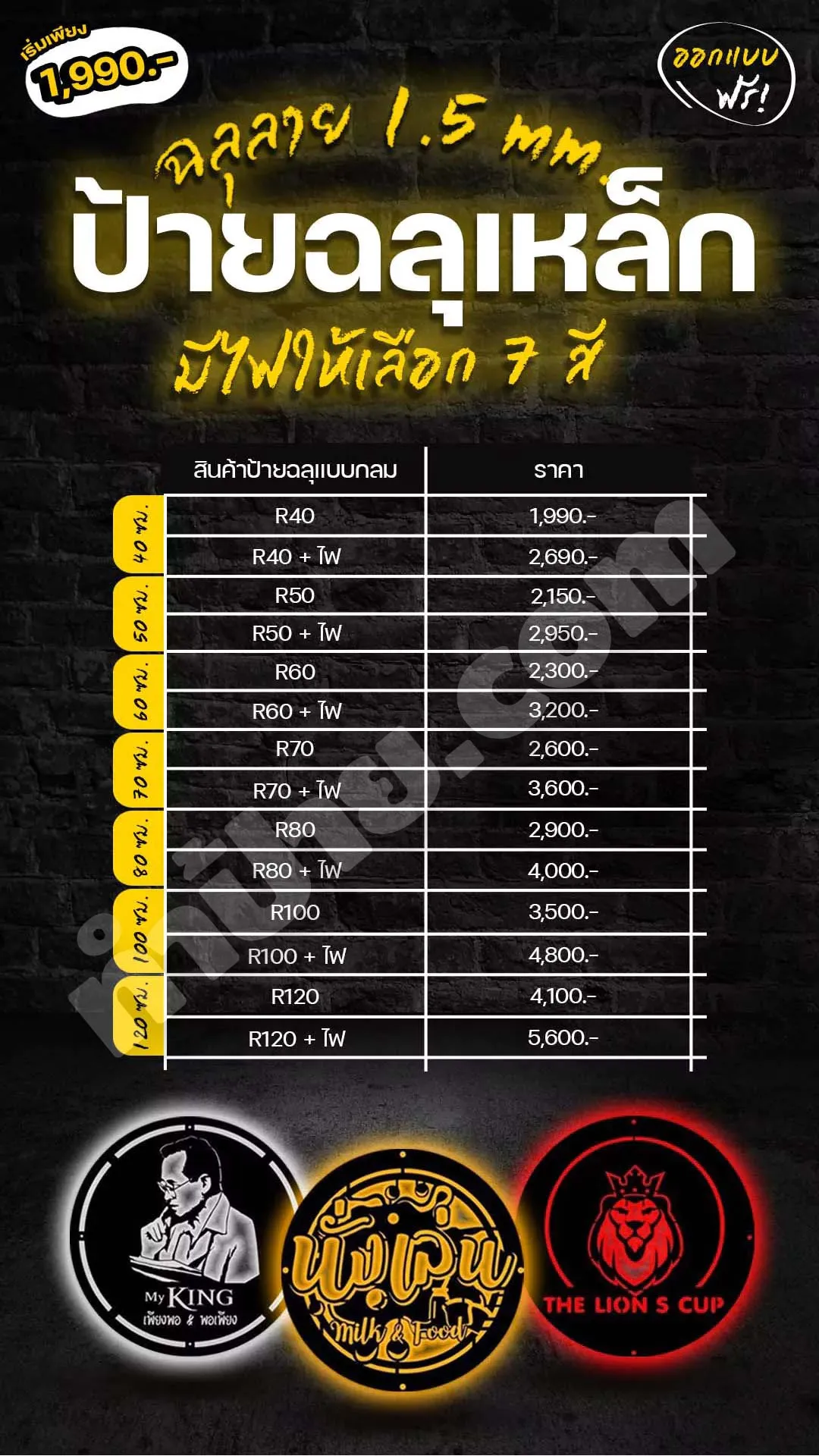 ตารางราคา ป้ายฉลุเหล็ก ป้ายเหล็กฉลุ ติดไฟ แบบวงกลม